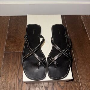 The Row Black Square-Toe Cross-Strap Sandals with Metallic Accents